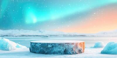 Frozen Ice Platform Under a Snow-Filled Sky photo