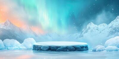 Stone Platform in a Snowy Mountain Landscape Under the Aurora Borealis photo