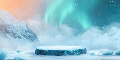 Ice Platform in Snowy Mountain Landscape with Aurora Borealis photo