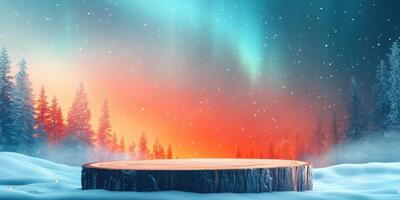 A Wooden Stump in a Snowy Forest Under a Starry Sky photo