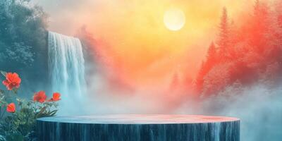 Wooden Platform in a Dreamy Forest with a Waterfall and Sun photo