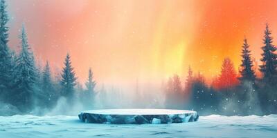 Snowy Forest with Ice Platform and Aurora Borealis photo