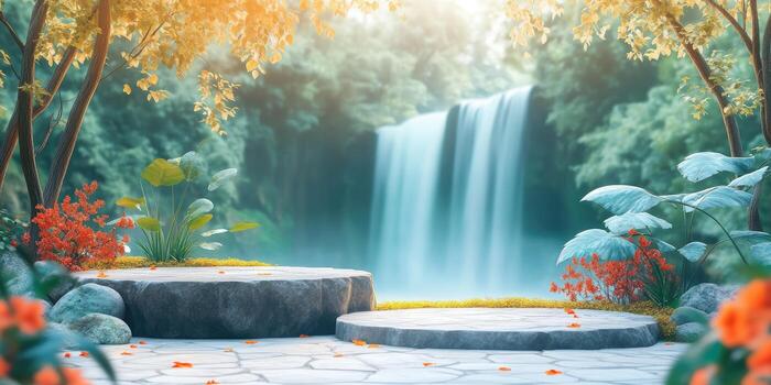 Stone Platforms in a Lush Forest Setting with a Waterfall in the Background photo