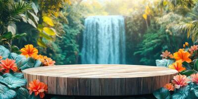 Wooden Platform with Tropical Flowers and a Waterfall Background photo