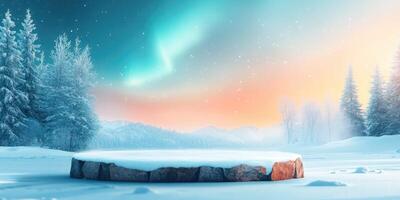 Snowy Landscape with Stone Platform and Aurora Borealis photo