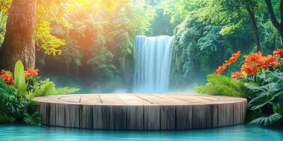 Wooden Platform at a Waterfall in a Lush Green Forest photo