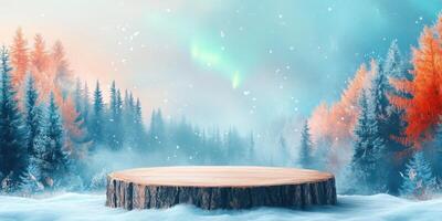 Wooden Tree Stump Platform in a Snowy Forest photo