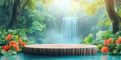 Wooden Platform in Lush Jungle with Waterfall Background photo