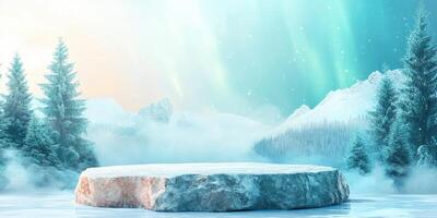 Snowy Mountain Landscape with a Stone Platform and Frosted Trees photo
