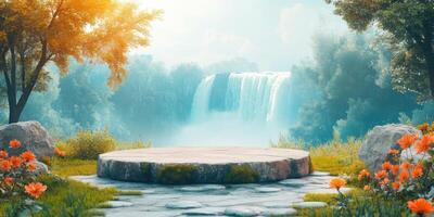 Stone Platform in Front of a Waterfall with Orange Flowers photo