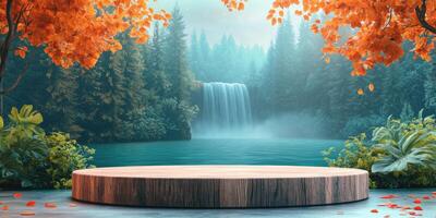 Wooden Platform Before a Waterfall in a Foggy Forest photo