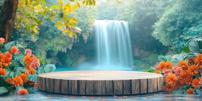 Wooden Platform with Orange Flowers and a Waterfall Background photo