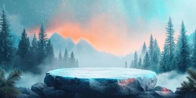 A snowy mountain peak with a flat, icy plateau and a forest in the background. photo