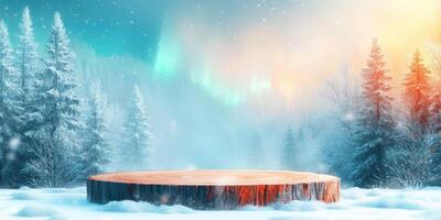 Wooden Log in Snowy Forest with Aurora Borealis photo