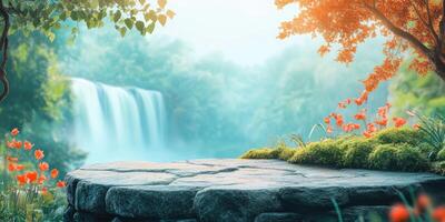 Stone Platform With Waterfall And Flowers In The Background photo