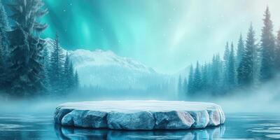 Frozen Lake with a Snow-Covered Ice Shelf and a Mountain Range in the Background photo