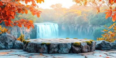 Stone Platform with Waterfall Background in Autumn photo