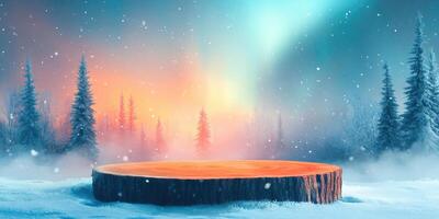 Wooden Tree Stump in a Snowy Winter Forest with a Magical Aurora Borealis in the Background photo