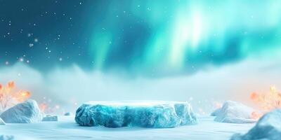 Frozen Ice Platform with Aurora Borealis and Snowy Landscape photo