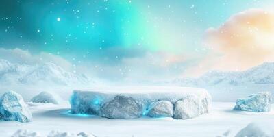 Snowy Mountain Landscape with Glowing Ice Platform photo