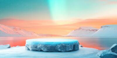 Frozen Ice Platform with a Pink and Blue Sky in a Mountainous Landscape photo