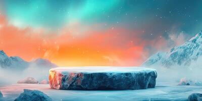 A Frozen Stone Platform in a Snowy Mountain Landscape Under a Starry Sky photo