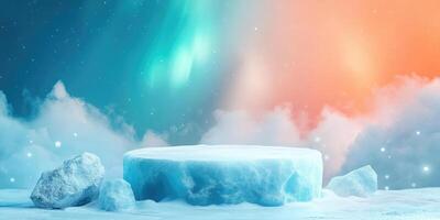 Ice Platform Underneath a Starry Sky with Aurora Borealis photo