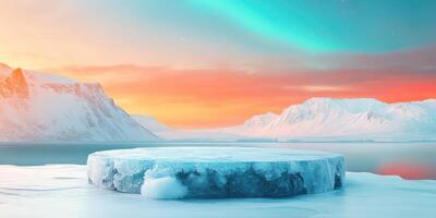 A Frozen Ice Platform in a Wintery Landscape with a Pink and Blue Sky photo