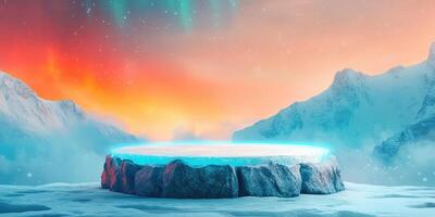 A frozen platform in a snowy mountain landscape under a colorful sky photo