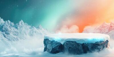 Snowy Mountain Range with a Frozen Rock Platform photo