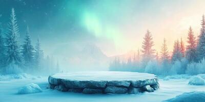 A Stone Platform in a Snowy Forest under a Starry Sky photo