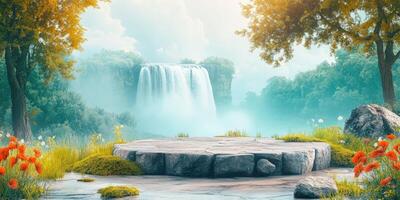Stone Platform by a Waterfall in a Misty Forest photo