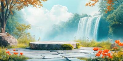 Stone Platform in Front of a Waterfall in a Forest photo
