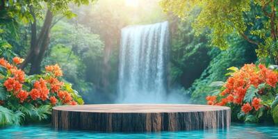 Wooden Platform Floating in a Pool of Water with Lush Greenery and a Waterfall in the Background photo
