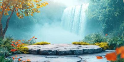 Stone Platform with Waterfall and Flowers in Misty Forest photo