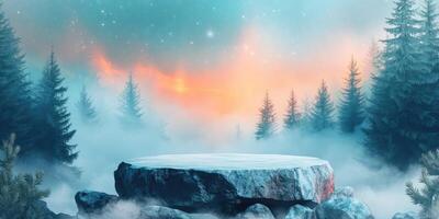 Snowy Rock Platform in a Foggy Winter Forest Under a Starry Sky photo