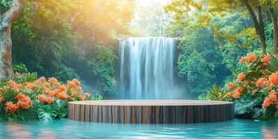 Wooden Platform in Front of Waterfall with Lush Greenery photo