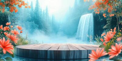 Wooden Platform Overlooking a Waterfall and a Misty Forest photo