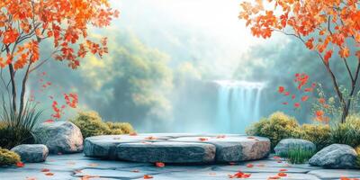 Stone Platform in a Tranquil Autumn Forest with a Waterfall in the Background photo