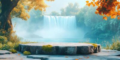 Stone Platform by a Tranquil Waterfall in a Lush Forest photo