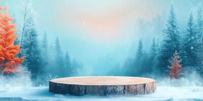 Wooden Platform in a Snowy Forest with a Hazy Sky photo