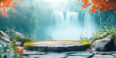 Stone Platform Before a Misty Waterfall in a Lush Forest photo