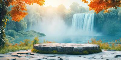 Stone Platform by a Waterfall in a Misty Forest photo
