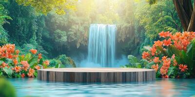 Wooden Platform in Front of a Waterfall in a Tropical Forest photo