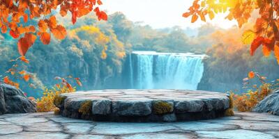 Stone Platform Overlooking a Waterfall in Autumn photo