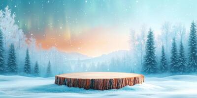 Wooden Log Platform in Snowy Winter Forest with Mountains in Background photo