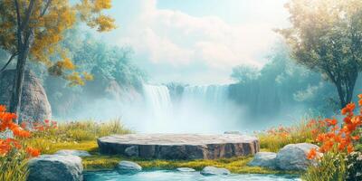 Stone Platform by a Waterfall in a Misty Forest photo