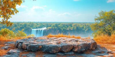 A rocky outcrop overlooking a waterfall and forest. photo