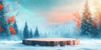 Wooden Platform in a Snowy Winter Forest photo