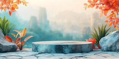 Stone Platform with Autumn Foliage in a Misty Background photo